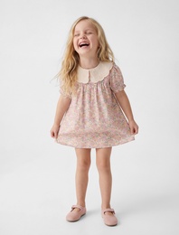 Pamuklu Kısa Kollu A Kesim Bebe Yaka Çiçekli Elbise