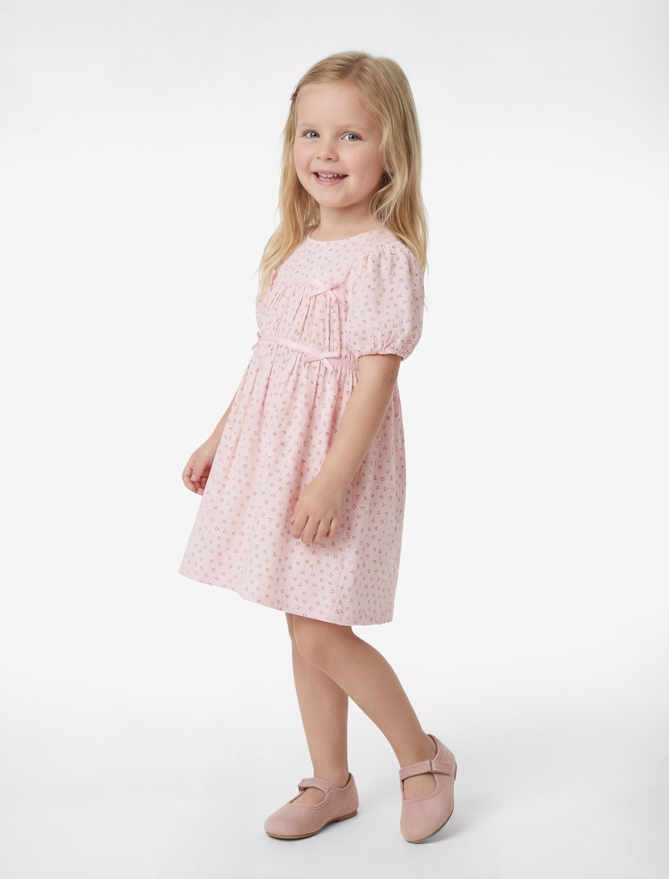  Kız Bebek Kısa Balon Kollu Bisiklet Yaka A Kesim Fiyonklu Çiçekli Elbise