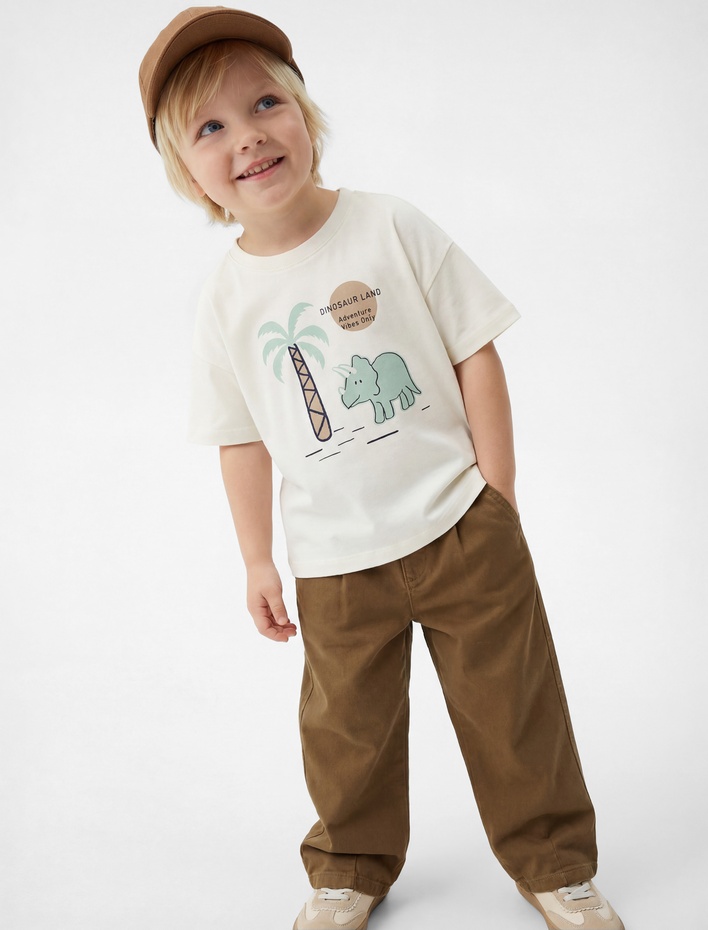 Erkek Bebek Dinozor Baskılı Kısa Kollu Bisiklet Yaka Pamuklu Oversize Tişört