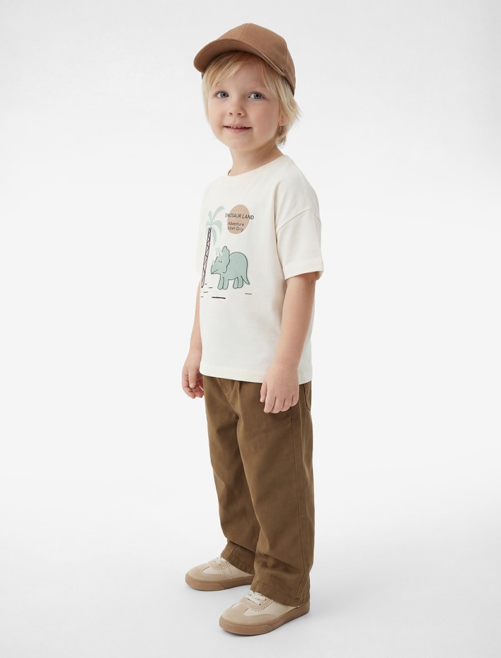 Erkek Bebek Dinozor Baskılı Kısa Kollu Bisiklet Yaka Pamuklu Oversize Tişört