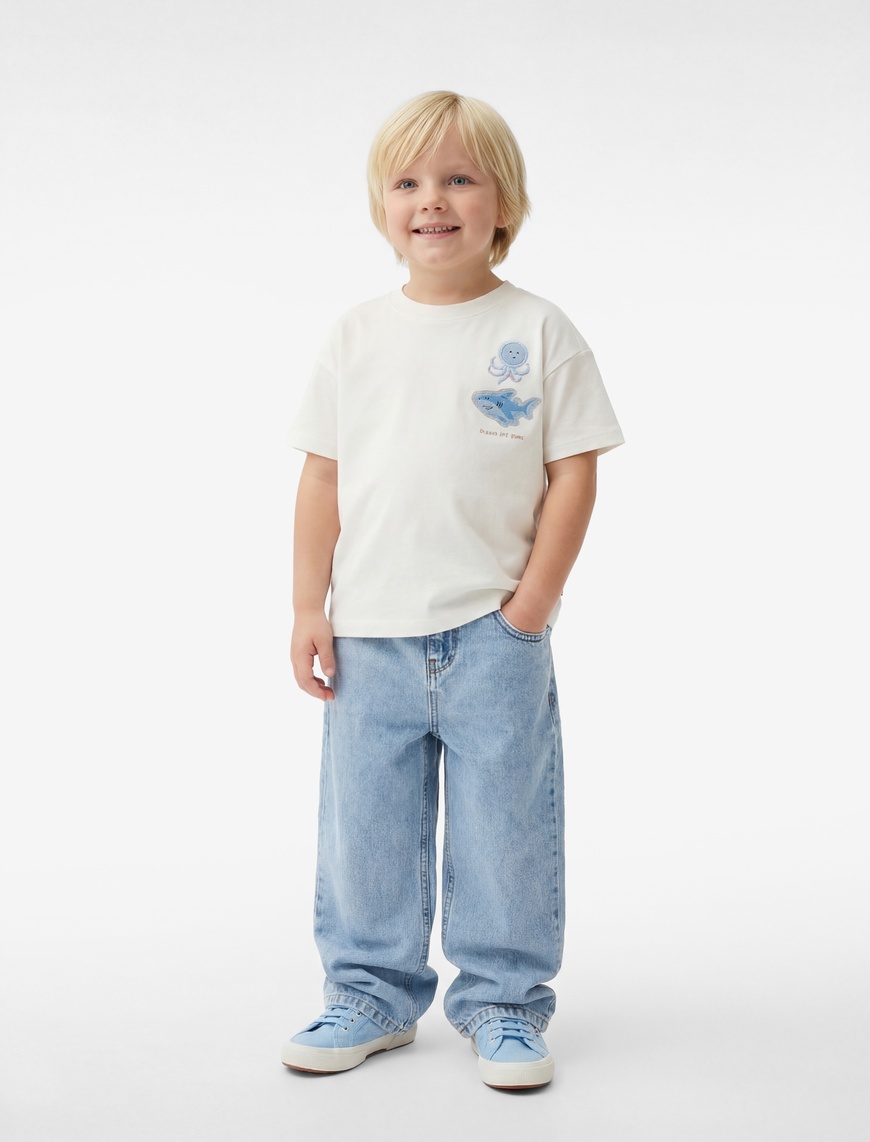 Koton Erkek Bebek Pamuklu Nakış Detaylı Kısa Kollu Bisiklet Yaka Oversize T-Shirt