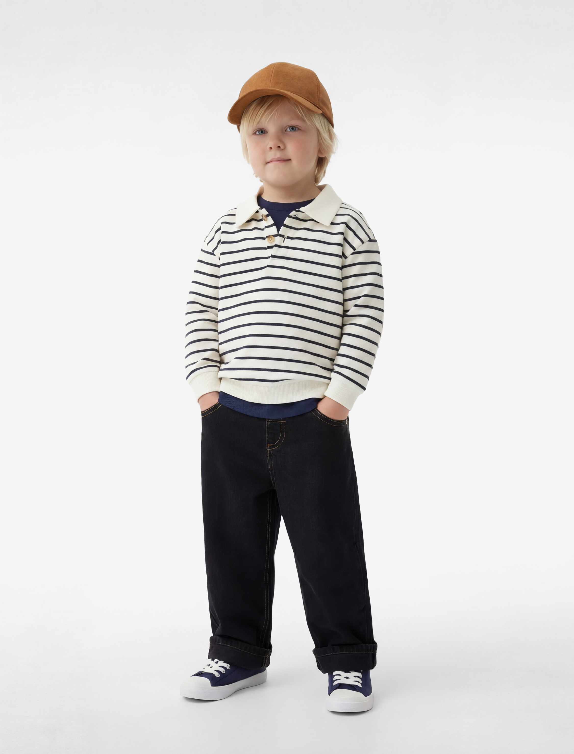  Erkek Bebek Uzun Kollu Pamuklu Düğme Detaylı Çizgili Polo Yaka Sweatshirt