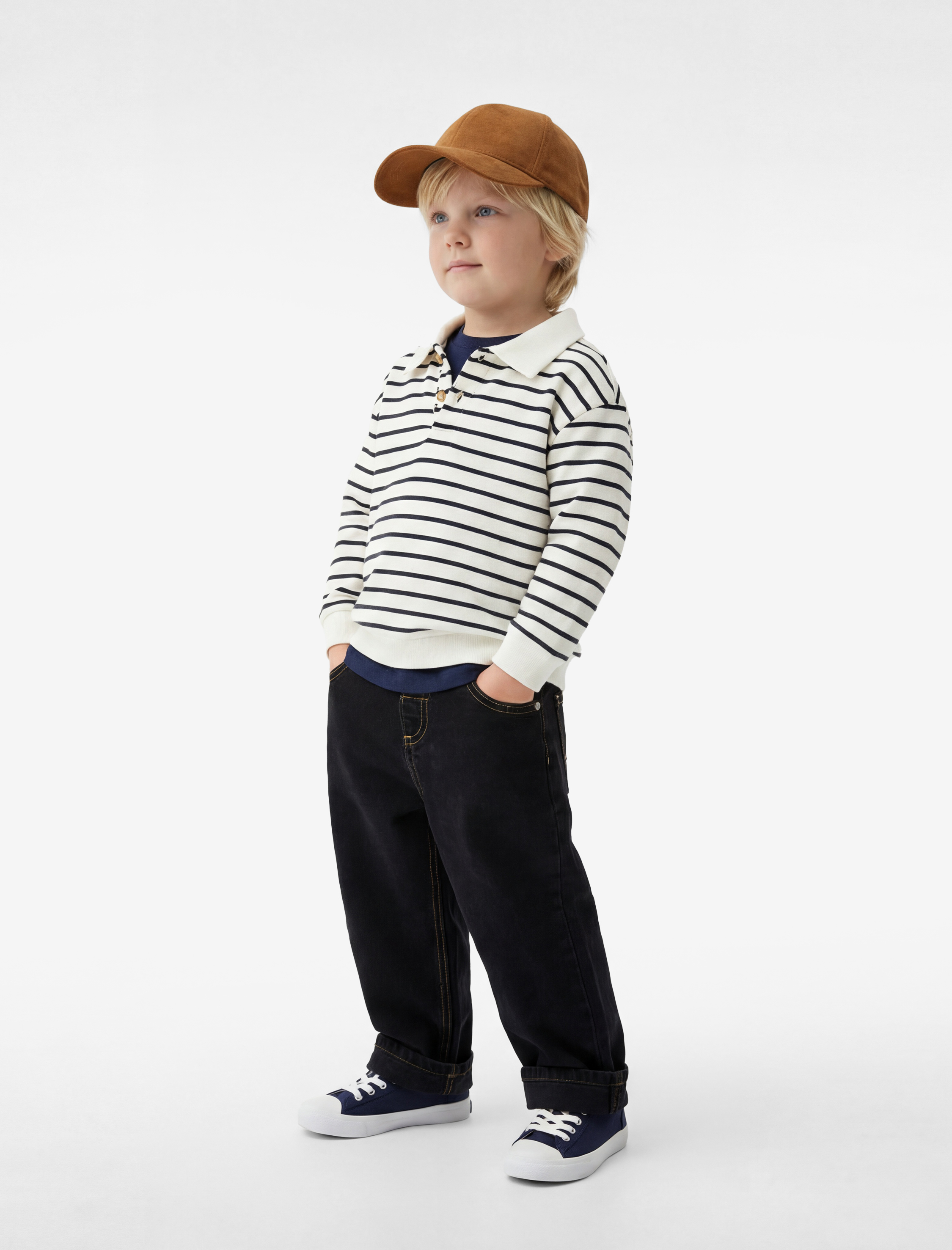  Erkek Bebek Uzun Kollu Pamuklu Düğme Detaylı Çizgili Polo Yaka Sweatshirt