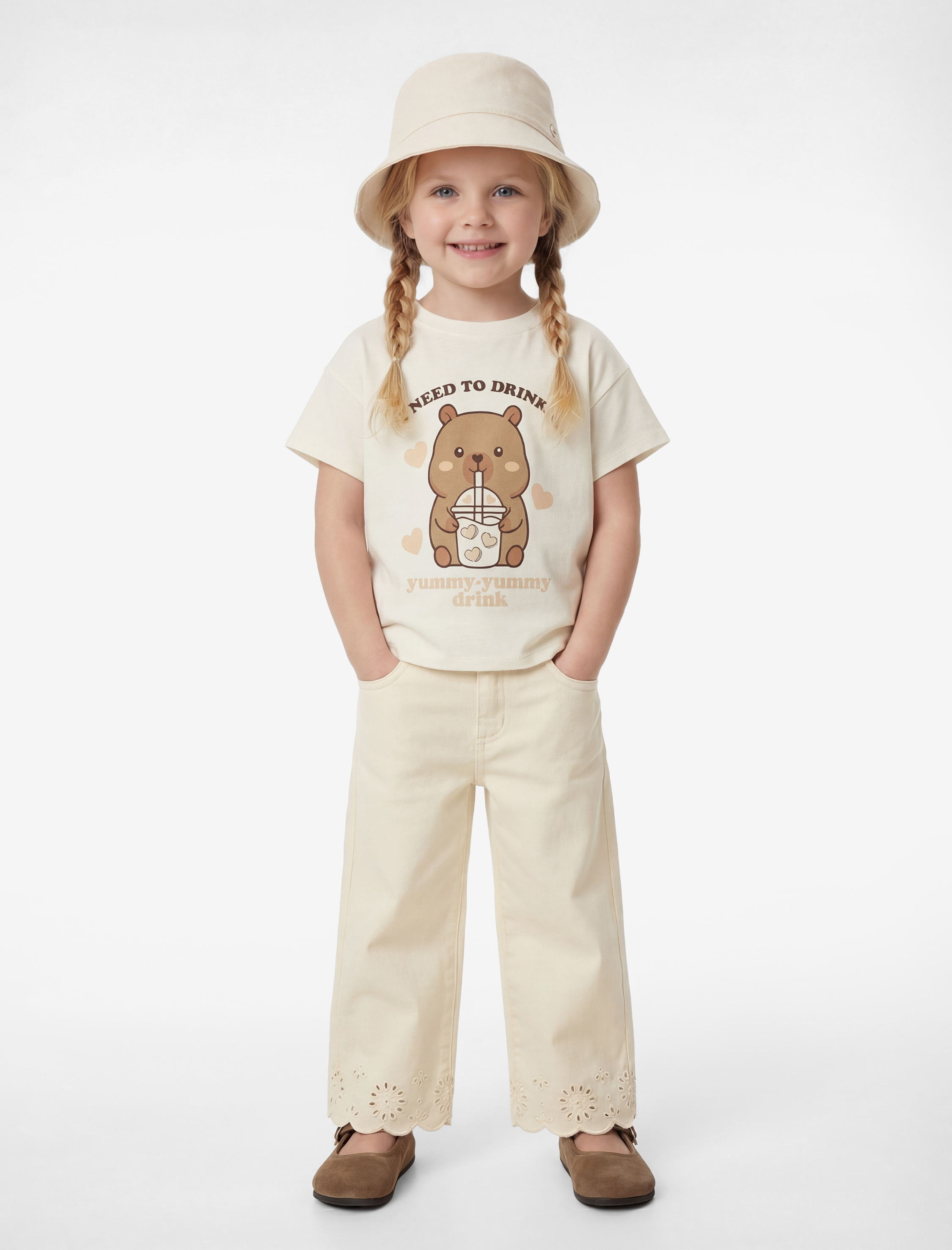  Kız Bebek Pamuklu Ayıcık Baskılı Bisiklet Yaka Kısa Kollu Tişört