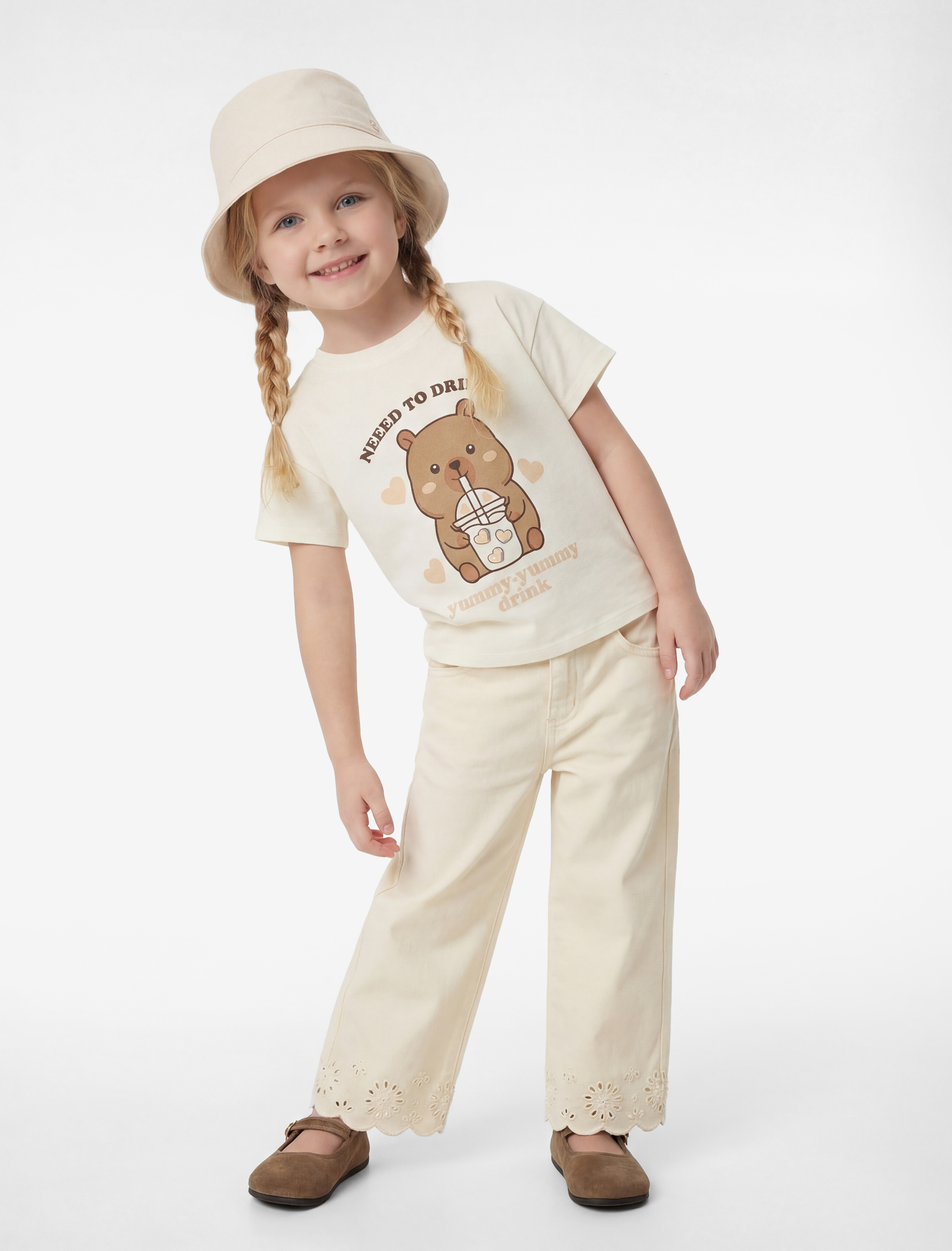  Kız Bebek Pamuklu Ayıcık Baskılı Bisiklet Yaka Kısa Kollu Tişört