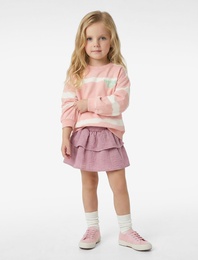 Gipeli Katlı Diz Üstü Keten Görünümlü Fırfırlı Etek