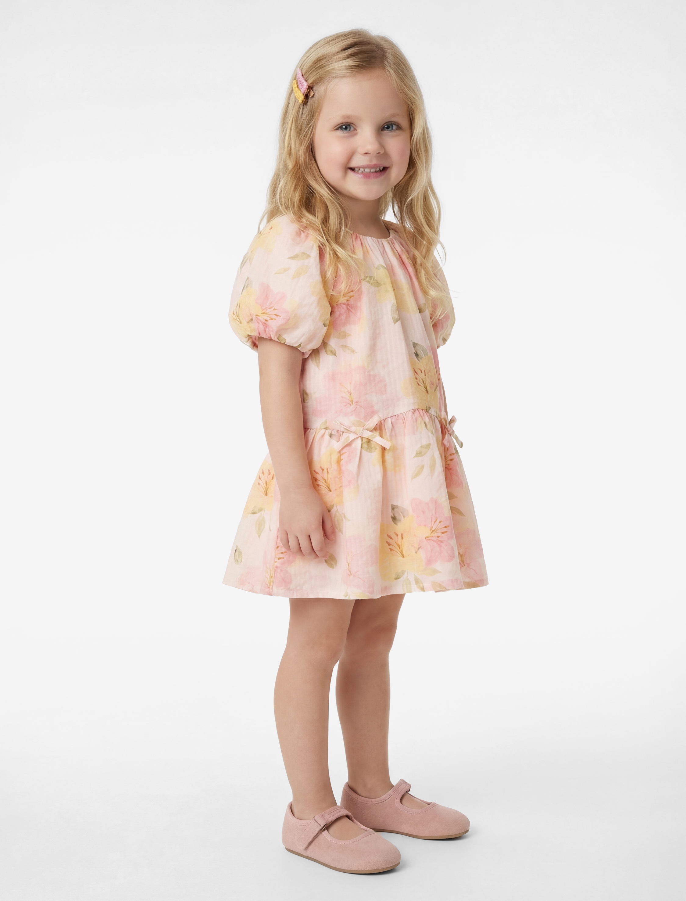  Kız Bebek Kısa Kollu Büzgü Detaylı Bisiklet Yaka Pamuklu Çiçekli Elbise