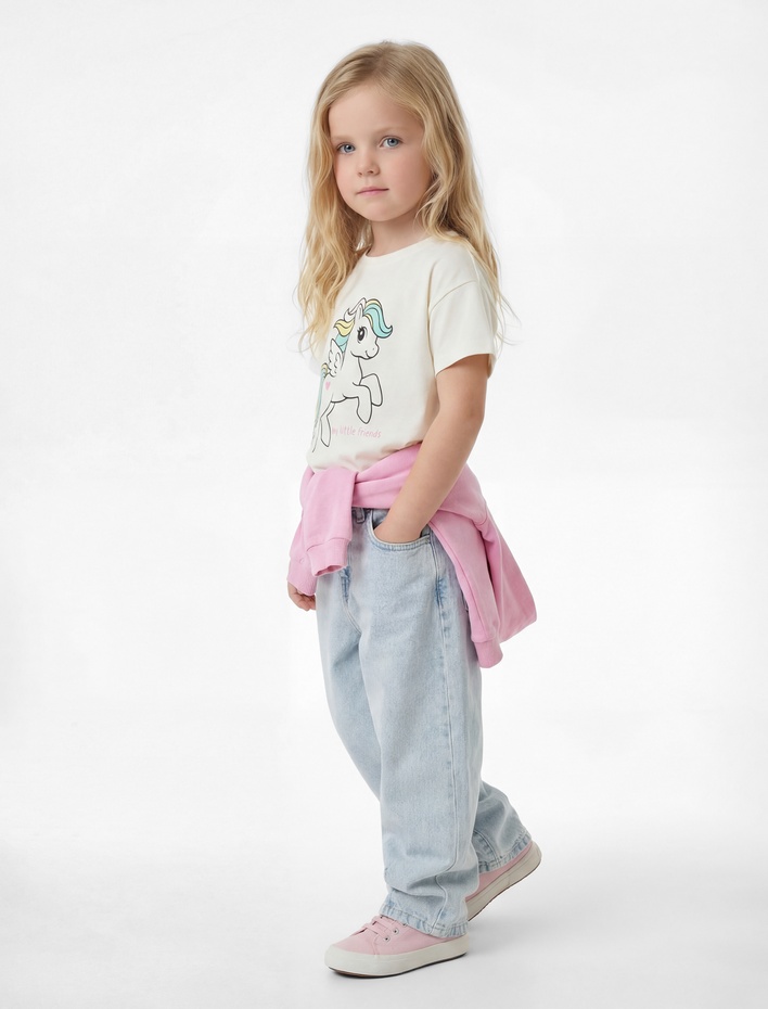 Kız Bebek Kısa Kollu Bisiklet Yaka Pamuklu Unicorn Baskılı Tişört