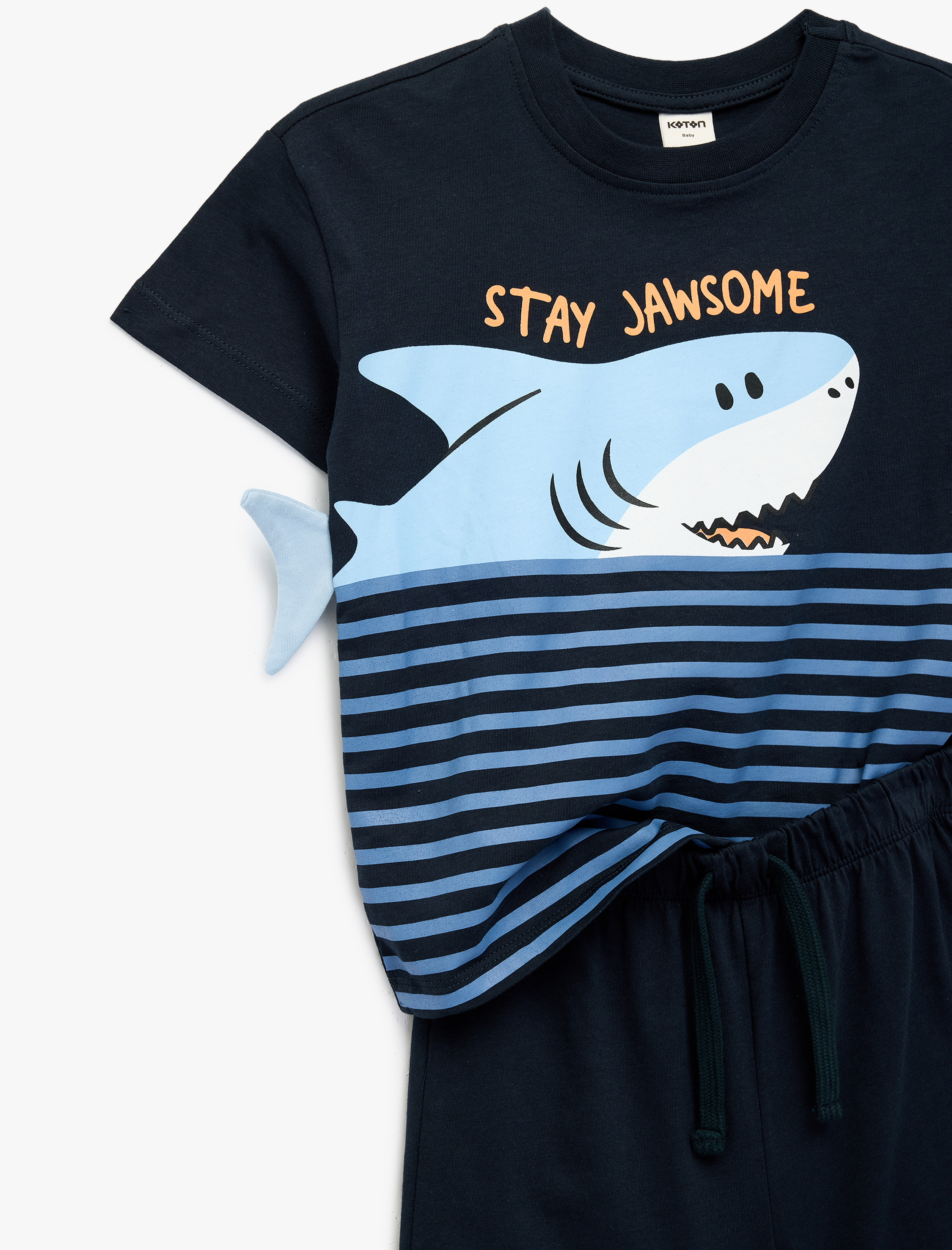  Erkek Bebek Pamuklu Aplikeli Köpekbalığı Baskılı 2'li Tişört ve Şort Seti