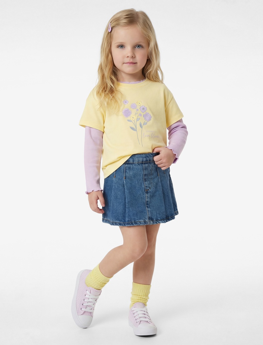 Koton Kız Bebek Pamuklu Kısa Kollu Bisiklet Yaka Çiçekli T-Shirt