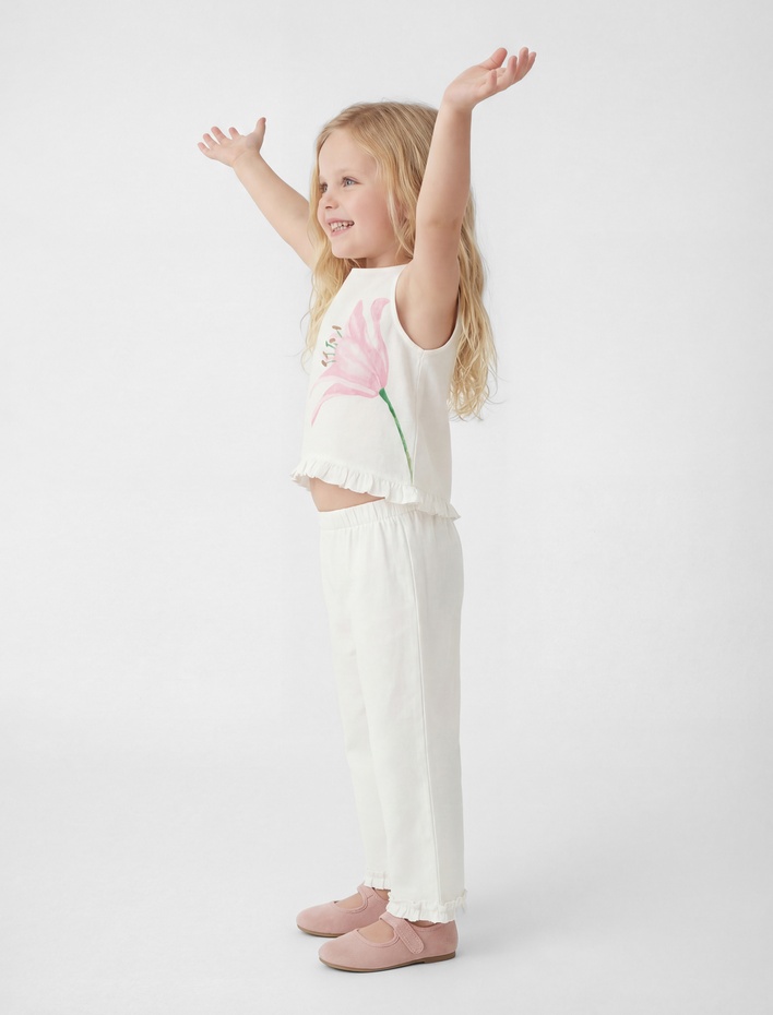 Kız Bebek Çiçek Baskılı Pamuklu Kolsuz Bisiklet Yaka Fırfırlı Bluz