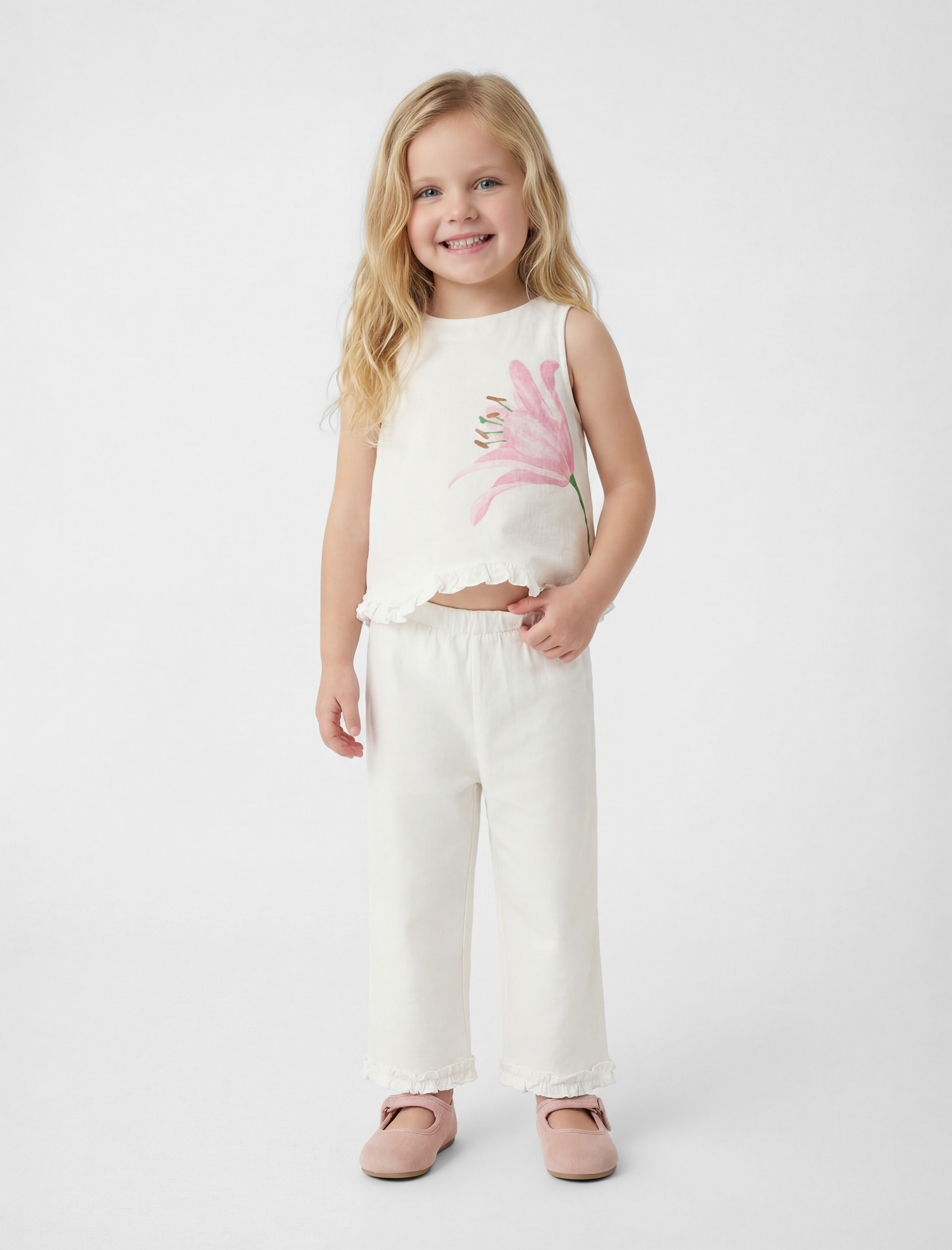  Kız Bebek Çiçek Baskılı Pamuklu Kolsuz Bisiklet Yaka Fırfırlı Bluz