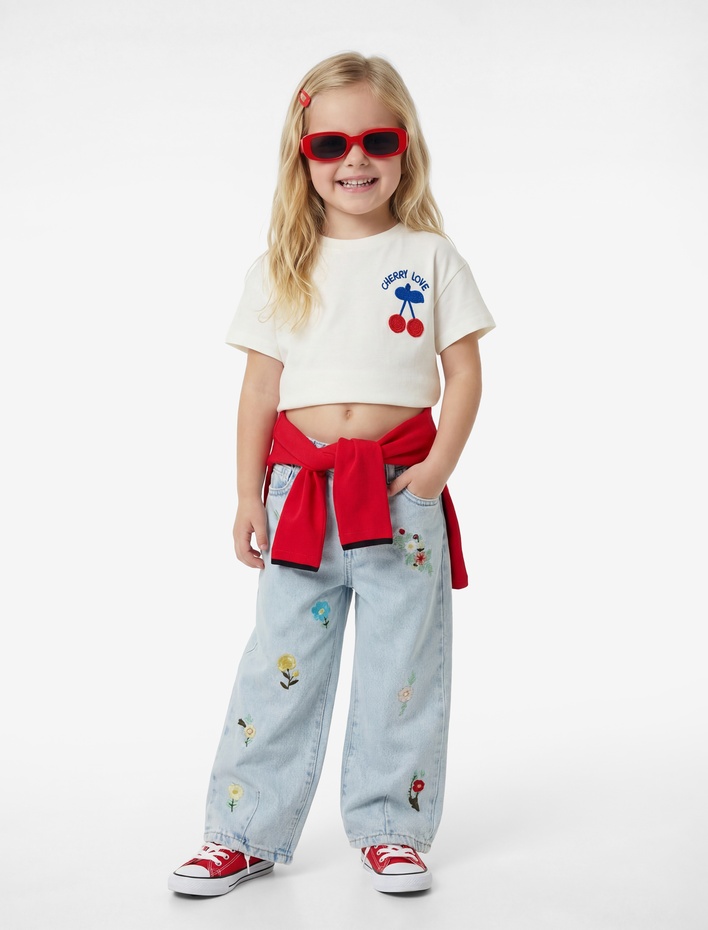Kız Bebek Çiçek İşlemeli Pamuklu Balon Fit Denim Pantolon