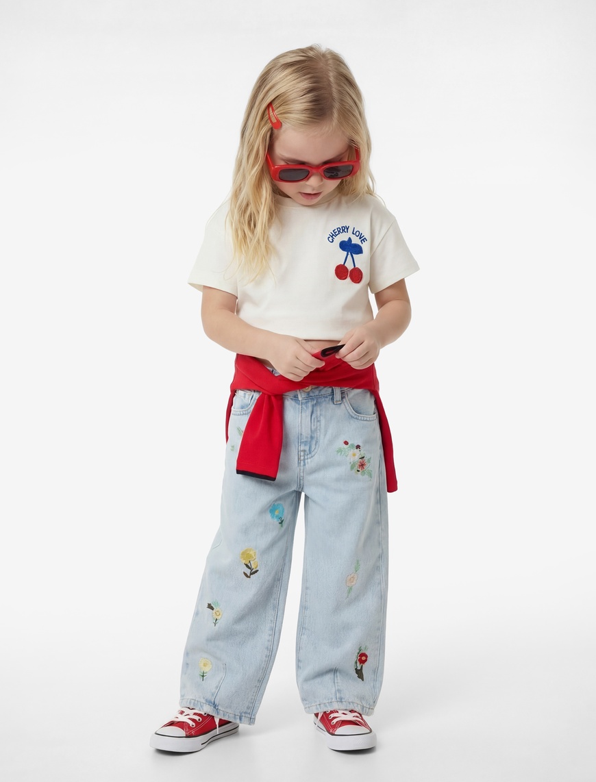 Koton Kız Bebek Çiçek İşlemeli Pamuklu Balon Fit Denim Pantolon