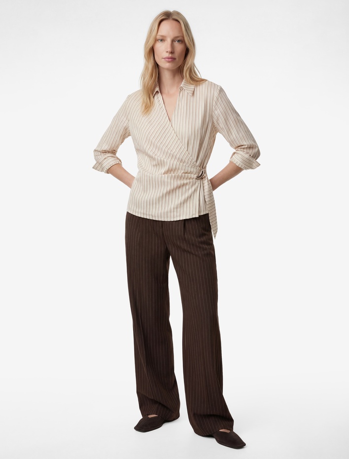  Uzun Kollu Aksesuarlı Yandan Bağlama Detaylı Kruvaze Çizgili Gömlek