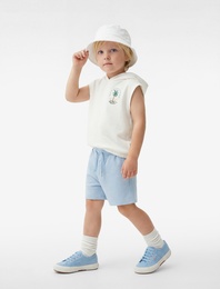 Pamuklu Kolsuz Kapşonlu 2'li Baskılı Üst ve Şort Seti