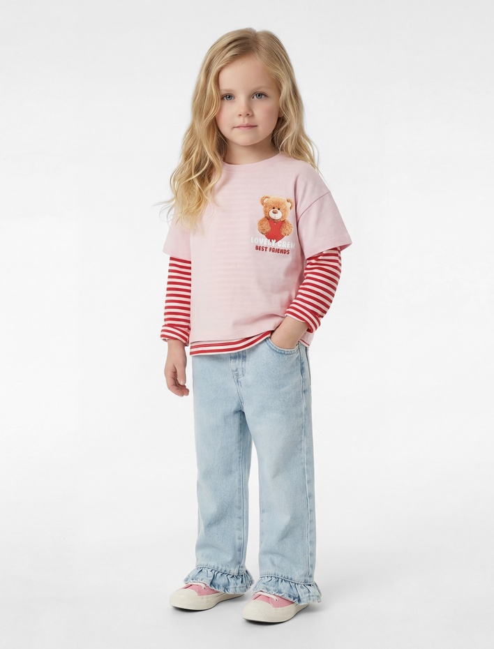 Kız Bebek Pamuklu Cepli Fırfırlı Paça Geniş Paça Denim Pantolon