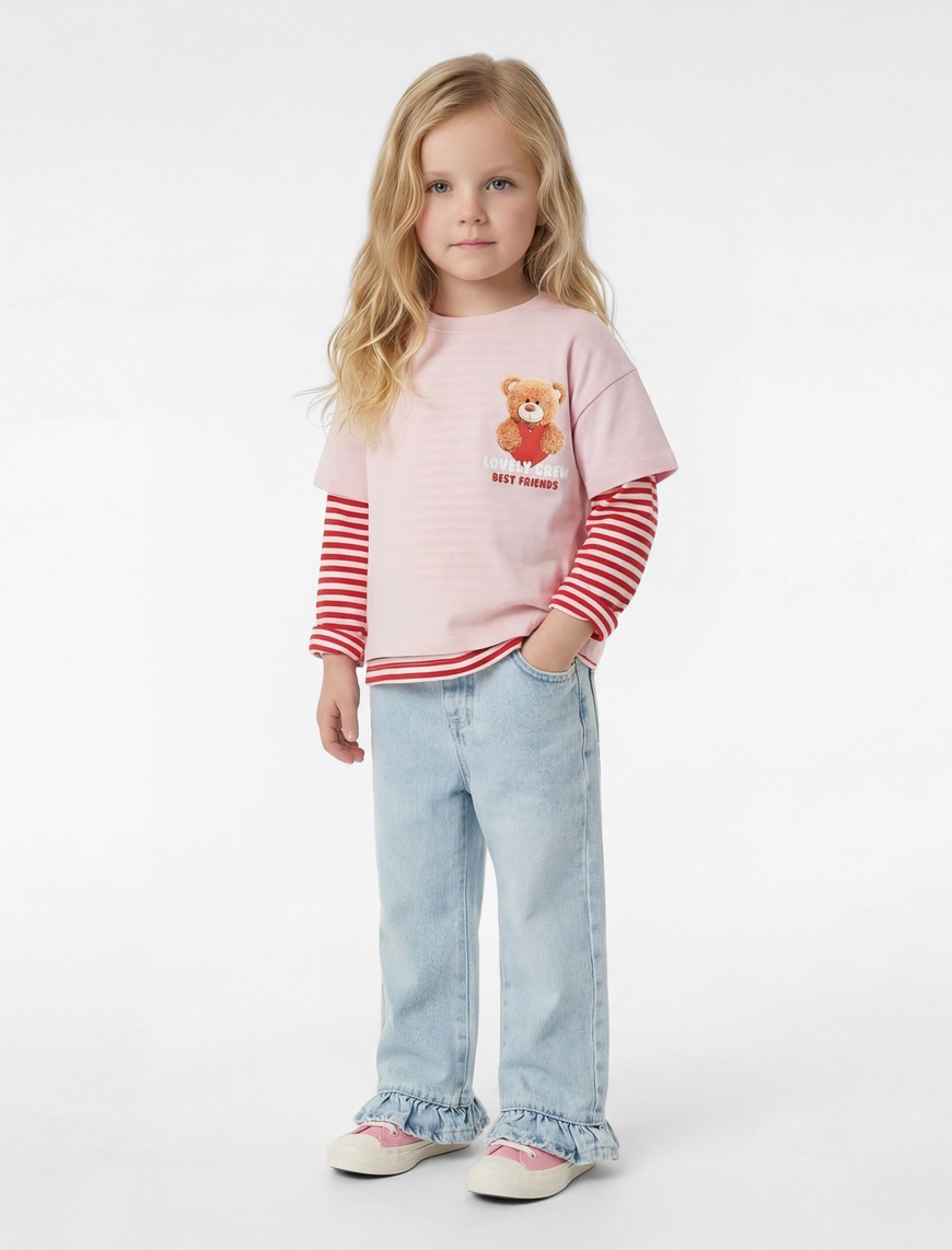 Koton Kız Bebek Pamuklu Cepli Fırfırlı Paça Geniş Paça Denim Pantolon
