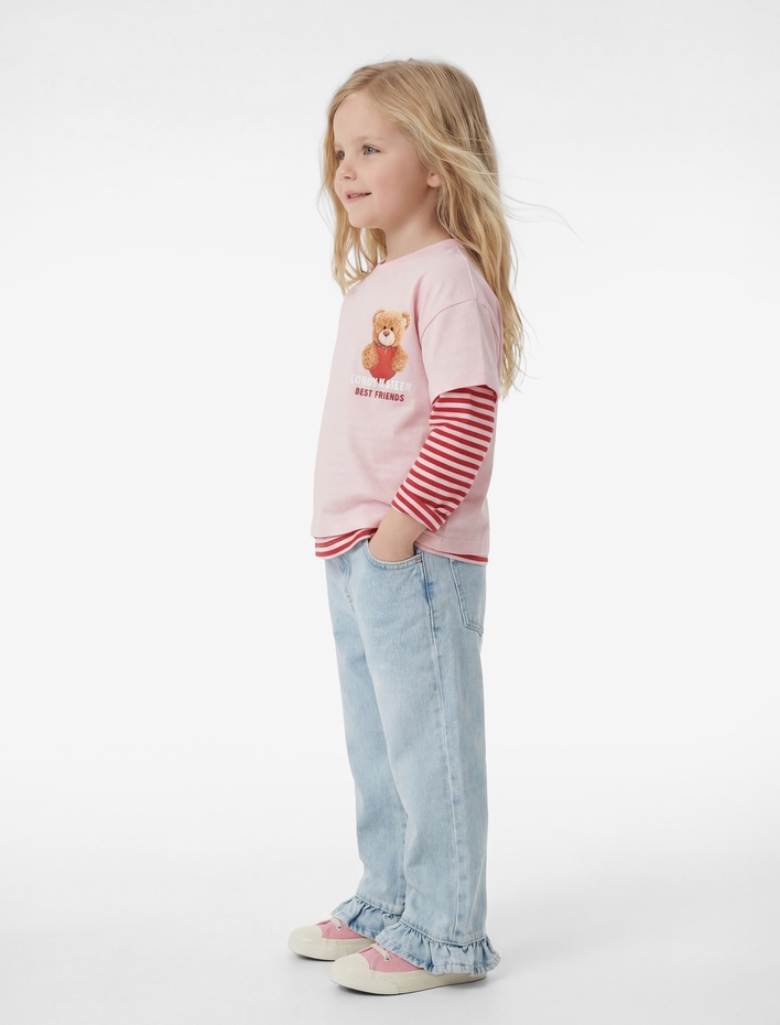 Kız Bebek Pamuklu Cepli Fırfırlı Paça Geniş Paça Denim Pantolon