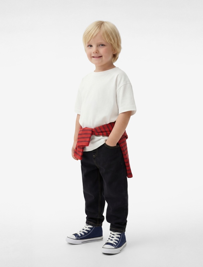 Erkek Bebek Pamuklu Beli Lastikli Düğmeli Relax Fit Denim Pantolon