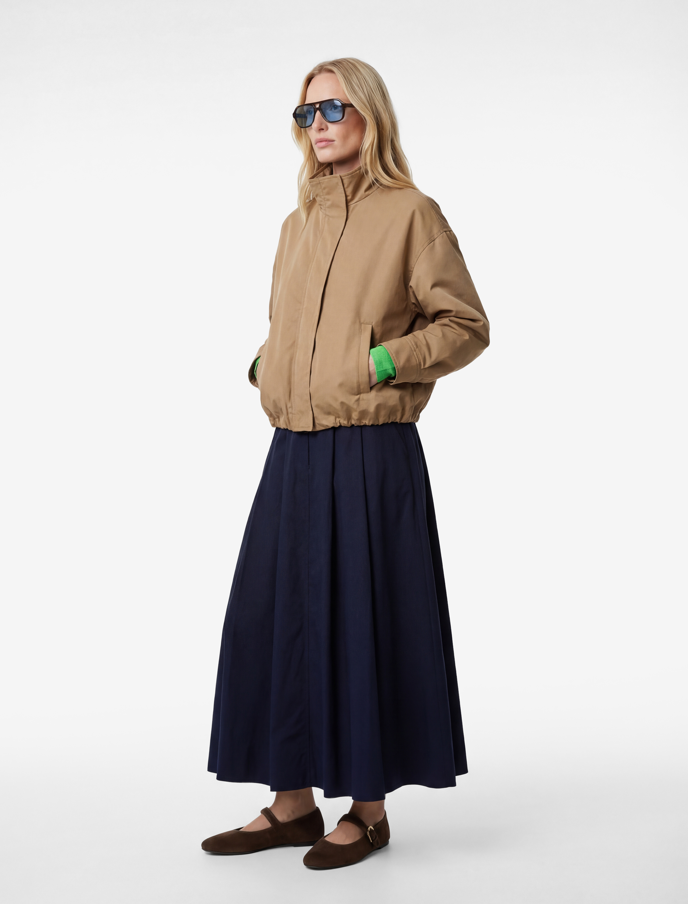   Pamuklu Cepli Pile Detaylı Çan Kesim Midi Poplin Etek