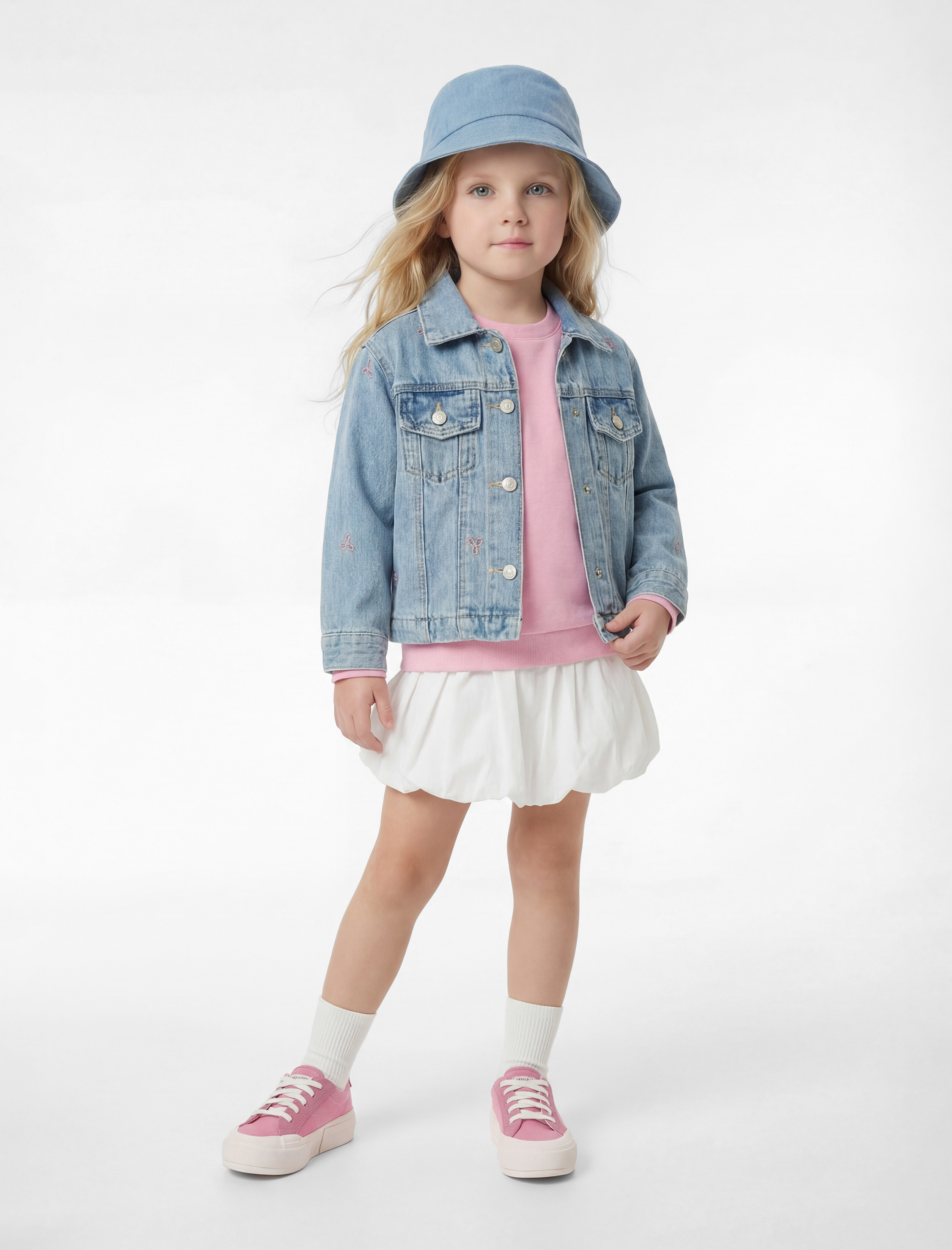  Kız Bebek Pamuklu Uzun Kollu Fiyonk İşlemeli Cepli Denim Ceket