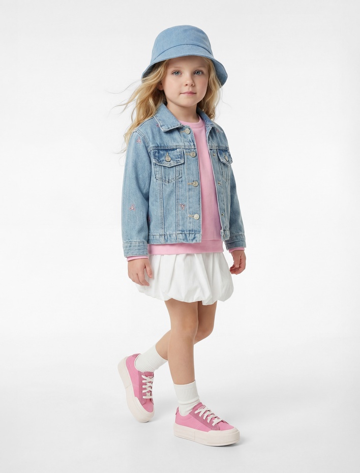 Kız Bebek Pamuklu Uzun Kollu Fiyonk İşlemeli Cepli Denim Ceket