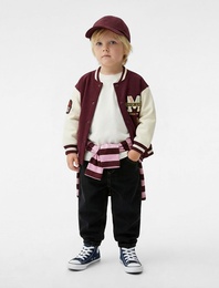 Uzun Kollu Cepli Renk Kontrastlı Baskılı Oversize Kolej Yaka Bomber Ceket