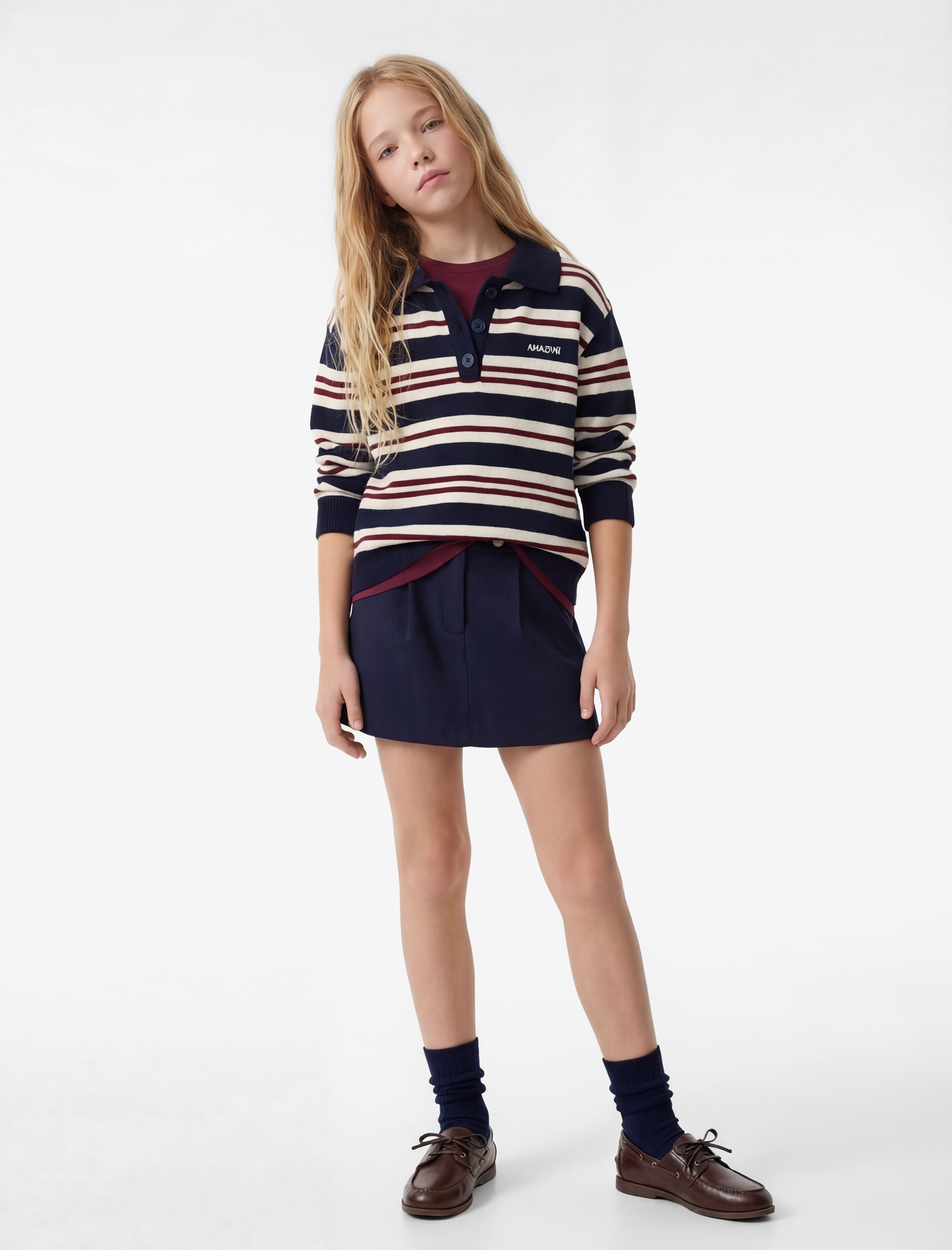  Kız Çocuk Nakışlı Düğmeli Uzun Kollu Polo Yaka Çizgili Triko Kazak