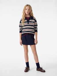 Nakışlı Düğmeli Uzun Kollu Polo Yaka Çizgili Triko Kazak