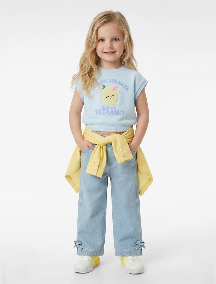 Kız Bebek Pamuklu Kolsuz Bisiklet Yaka Nakışlı Tişört