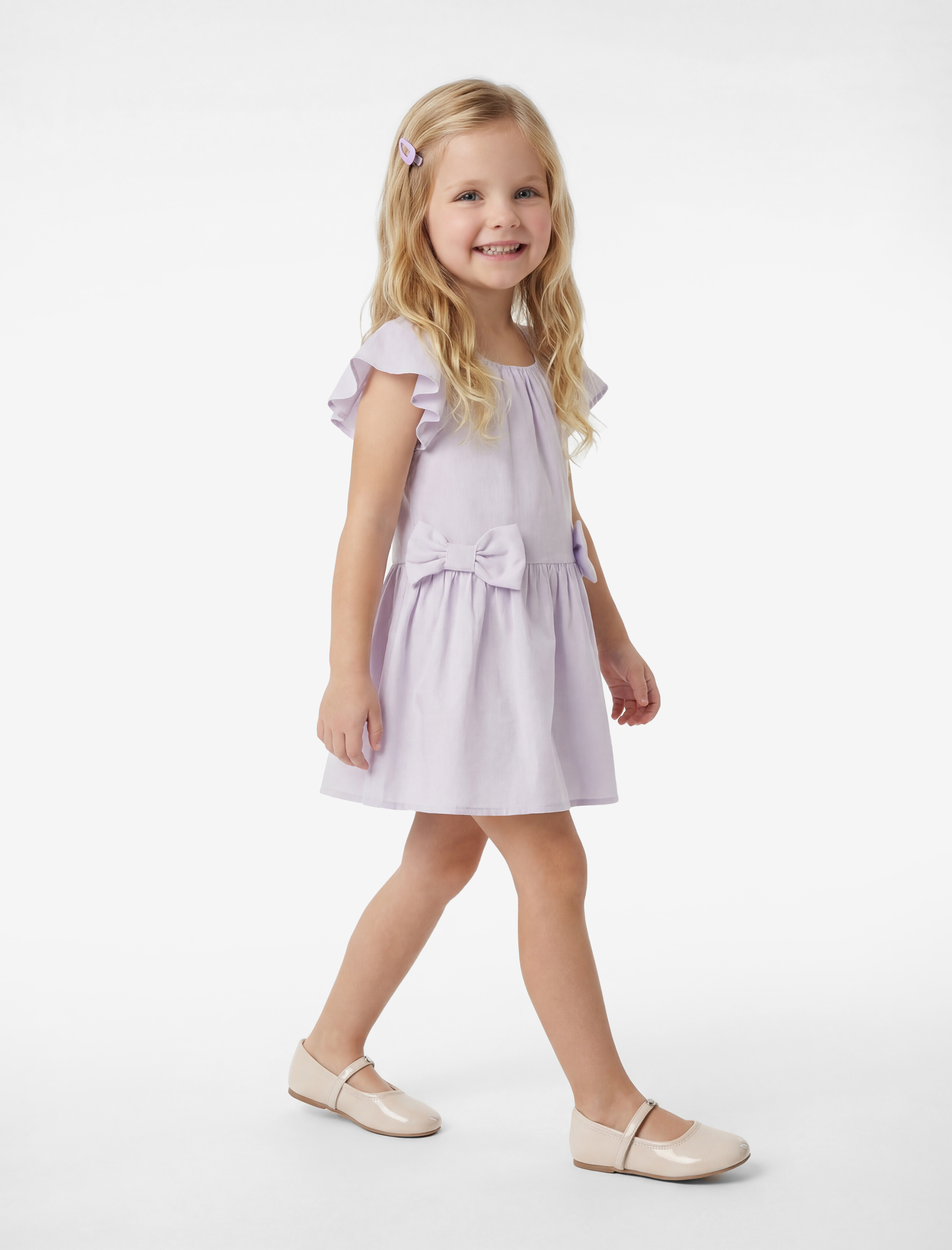  Kız Bebek Fırfırlı Fiyonk Detaylı Kısa Kollu Bisiklet Yaka Pamuklu Kloş Mini Elbise