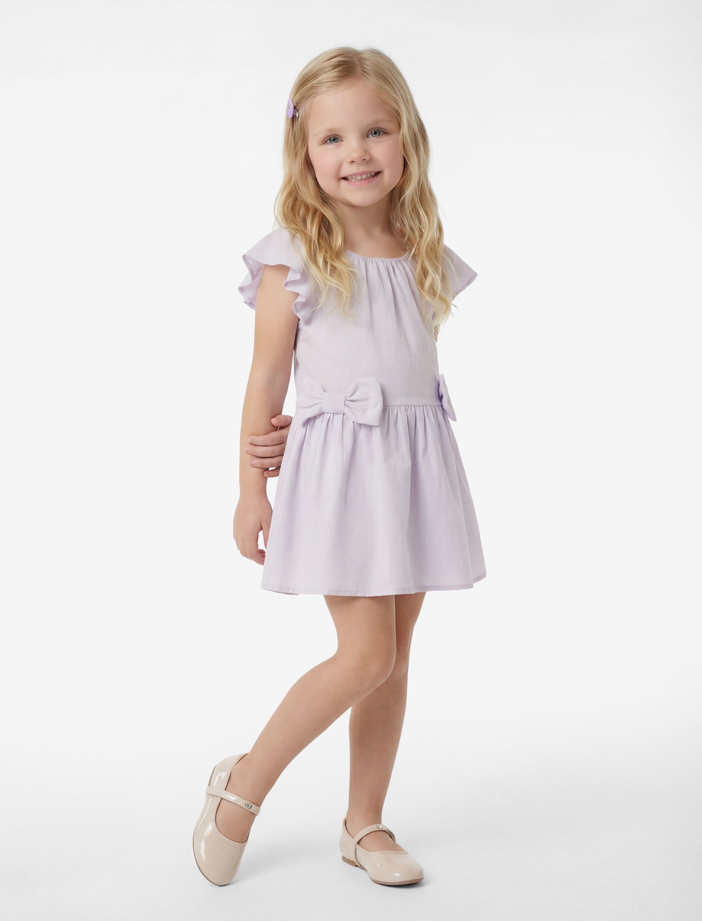  Kız Bebek Fırfırlı Fiyonk Detaylı Kısa Kollu Bisiklet Yaka Pamuklu Kloş Mini Elbise