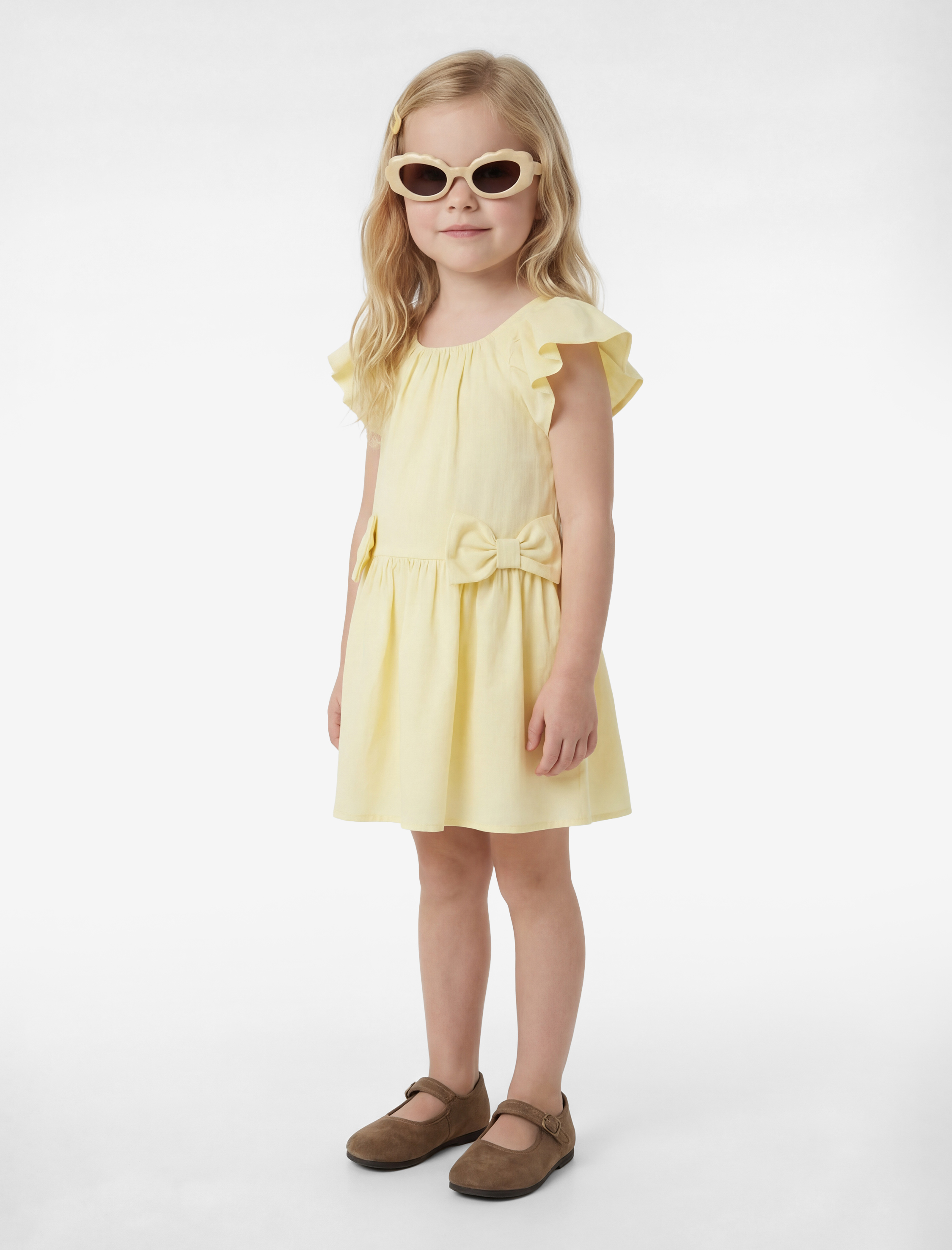  Kız Bebek Fırfırlı Fiyonk Detaylı Kısa Kollu Bisiklet Yaka Pamuklu Kloş Mini Elbise