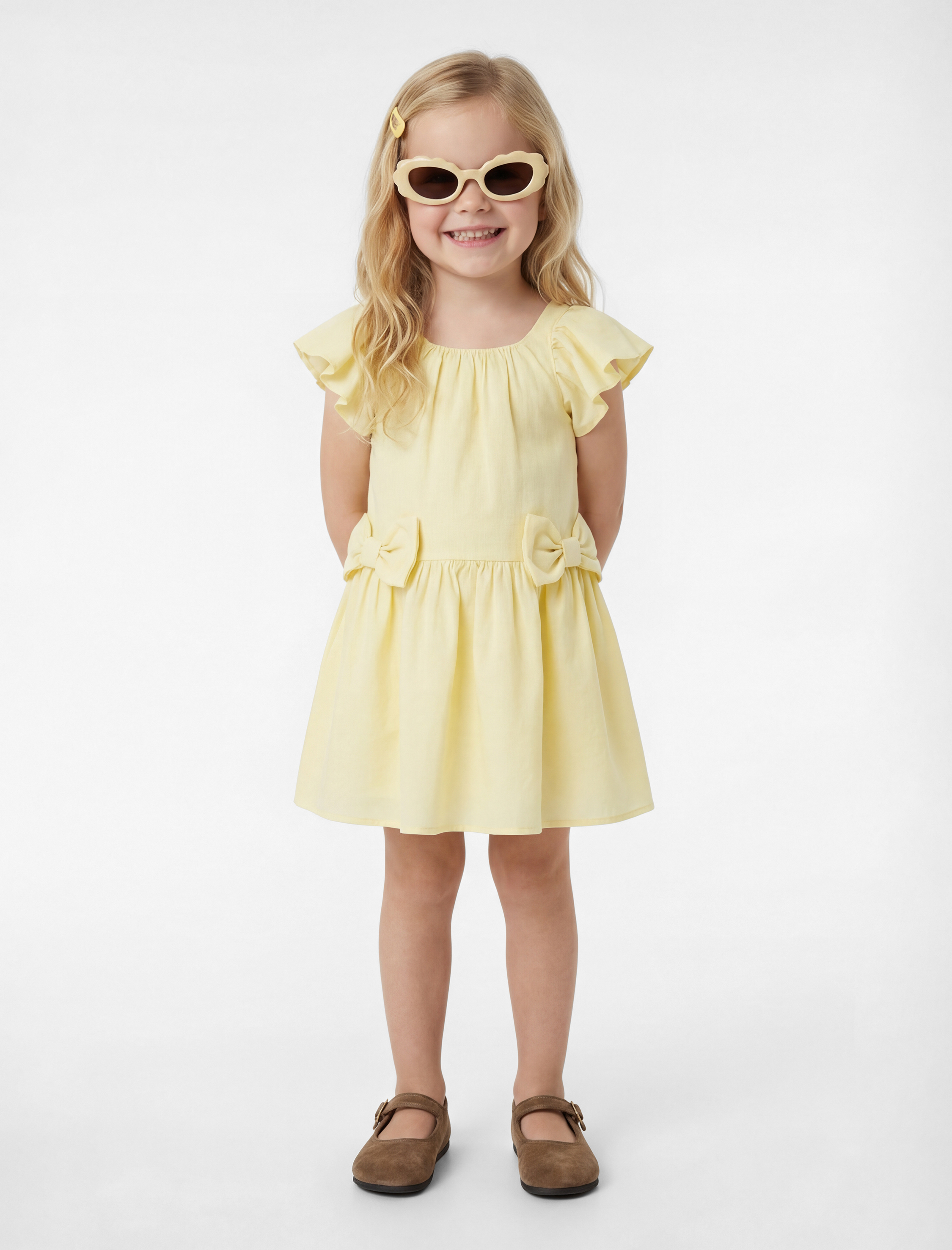  Kız Bebek Fırfırlı Fiyonk Detaylı Kısa Kollu Bisiklet Yaka Pamuklu Kloş Mini Elbise