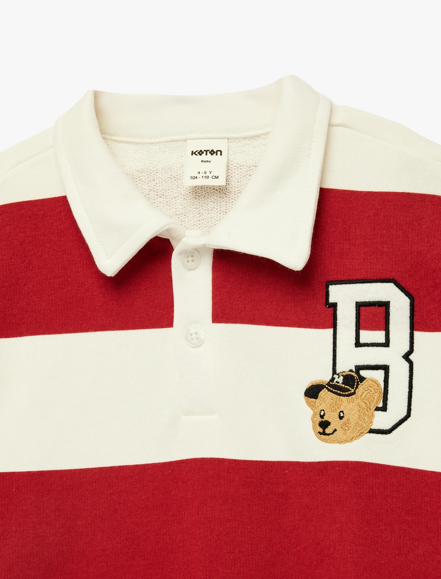 Ekru Erkek Bebek Pamuklu Uzun Kollu Çizgili Oversize Polo Yaka