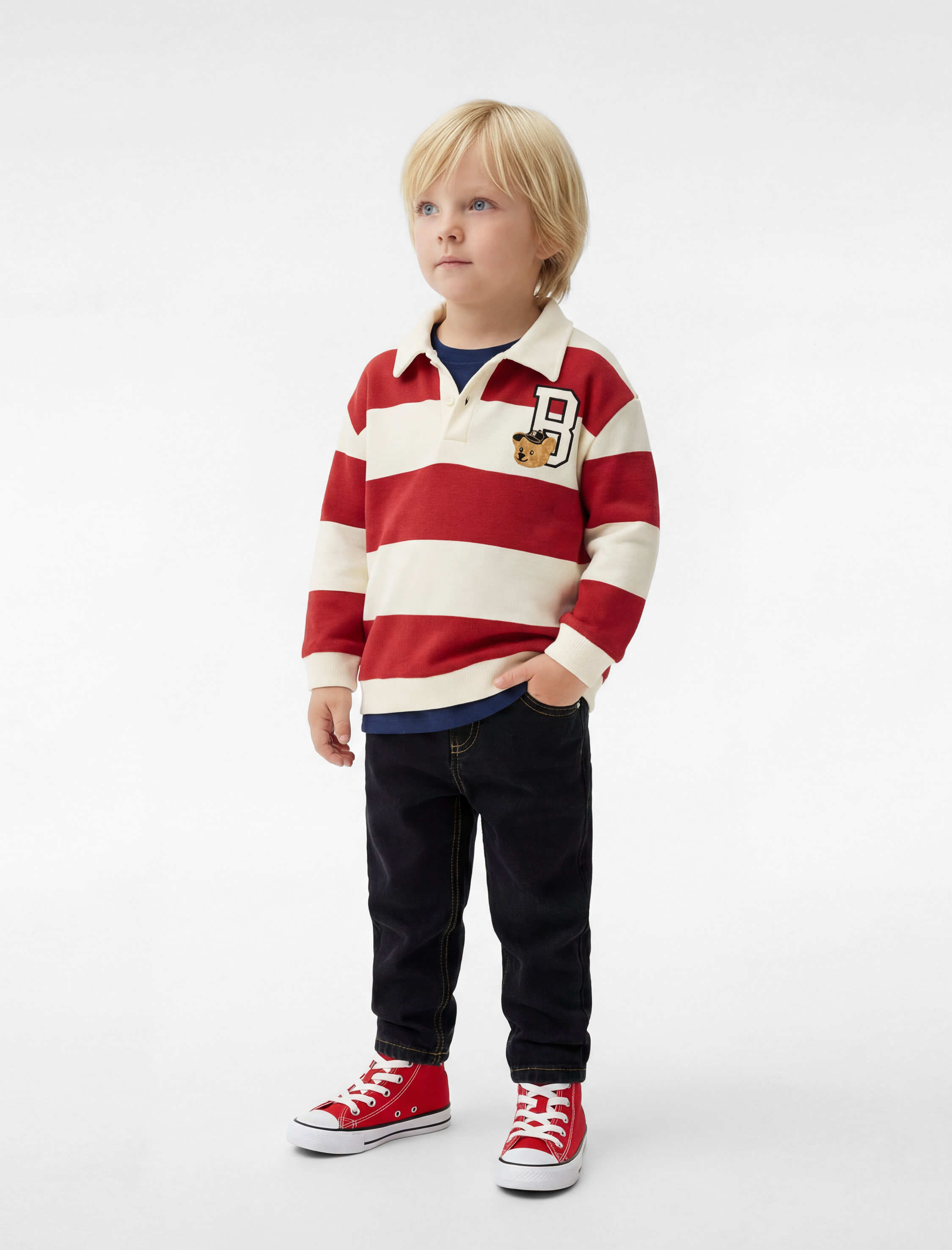  Erkek Bebek Pamuklu Uzun Kollu Çizgili Oversize Polo Yaka Sweatshirt