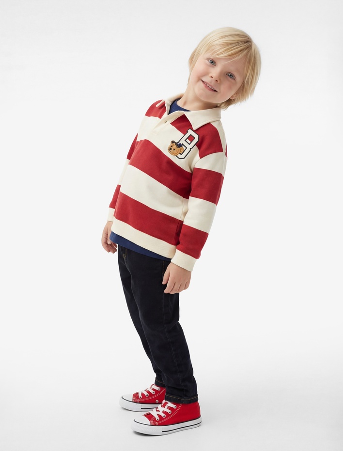 Erkek Bebek Pamuklu Uzun Kollu Çizgili Oversize Polo Yaka Sweatshirt