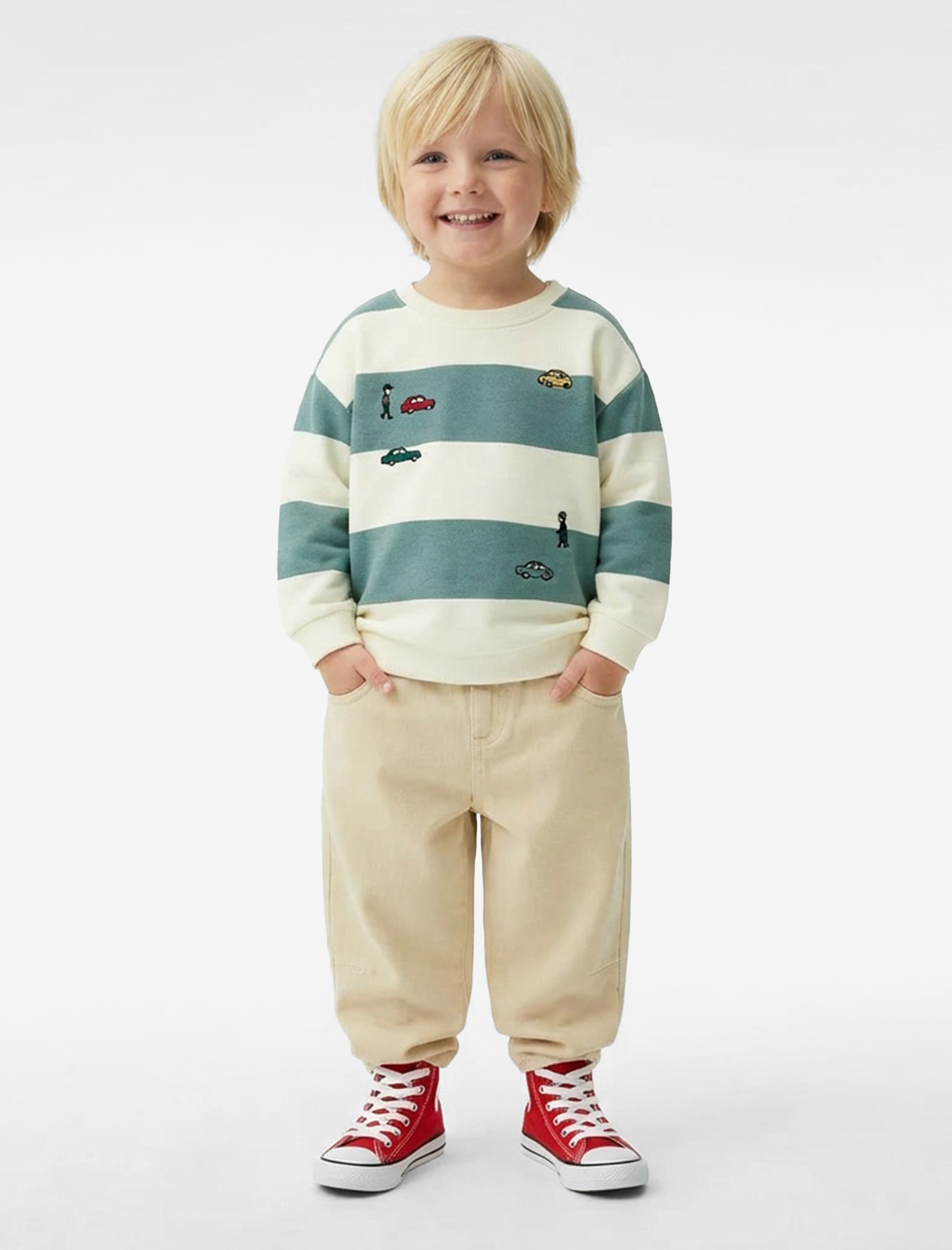  Erkek Bebek Uzun Kollu Bisiklet Yaka Nakışlı Pamuklu Çizgili Sweatshirt