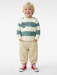 Uzun Kollu Bisiklet Yaka Nakışlı Pamuklu Çizgili Sweatshirt