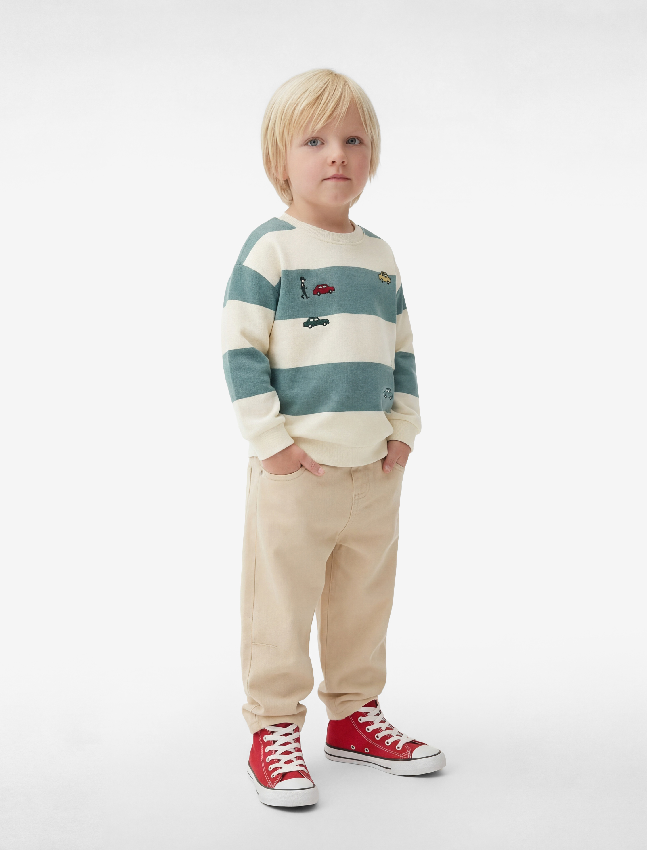  Erkek Bebek Uzun Kollu Bisiklet Yaka Nakışlı Pamuklu Çizgili Sweatshirt