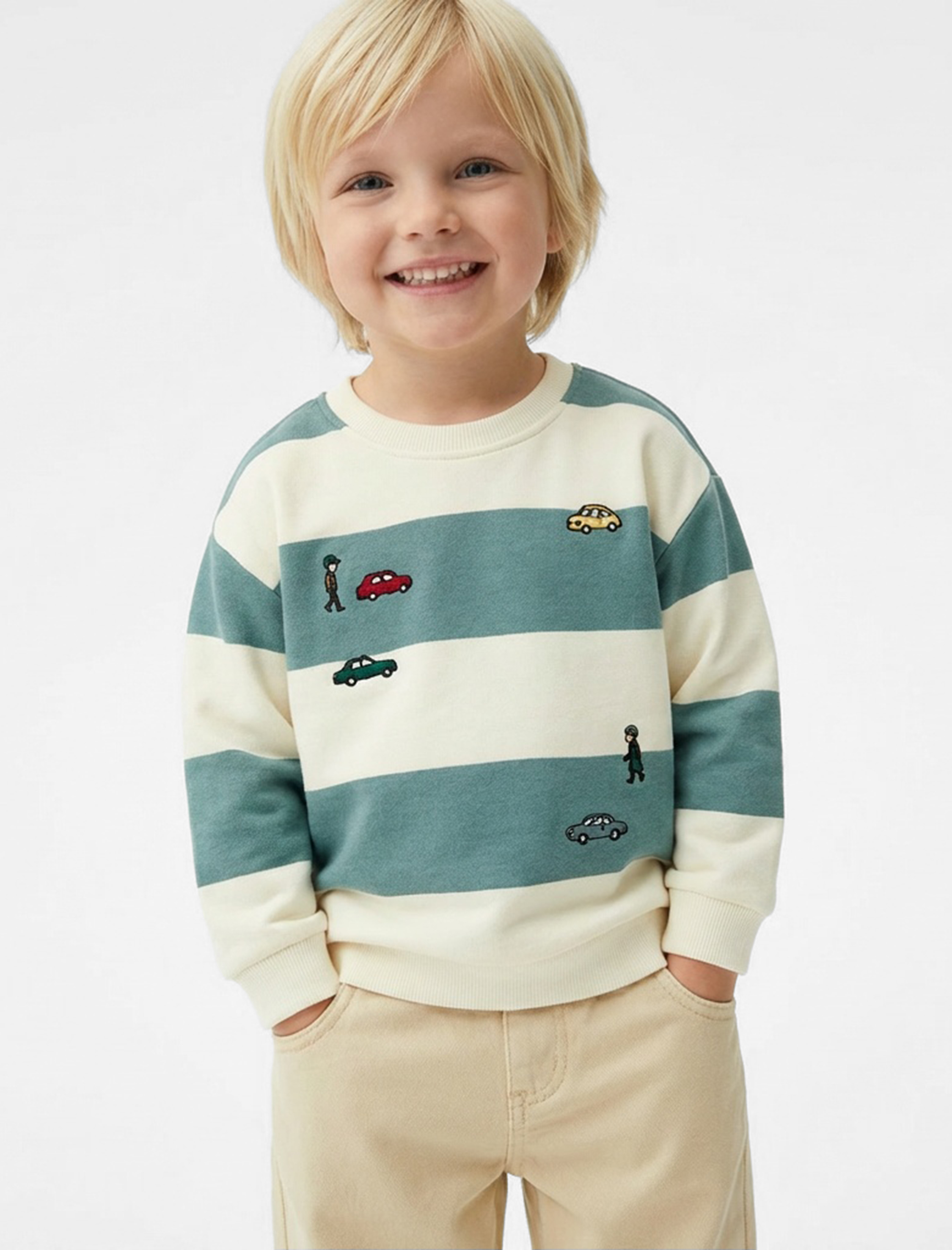  Erkek Bebek Uzun Kollu Bisiklet Yaka Nakışlı Pamuklu Çizgili Sweatshirt