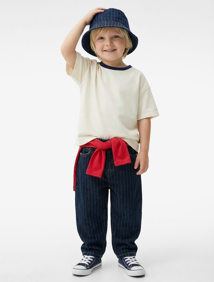 Erkek Bebek Cep Detaylı Pamuklu Çizgili Denim Pantolon