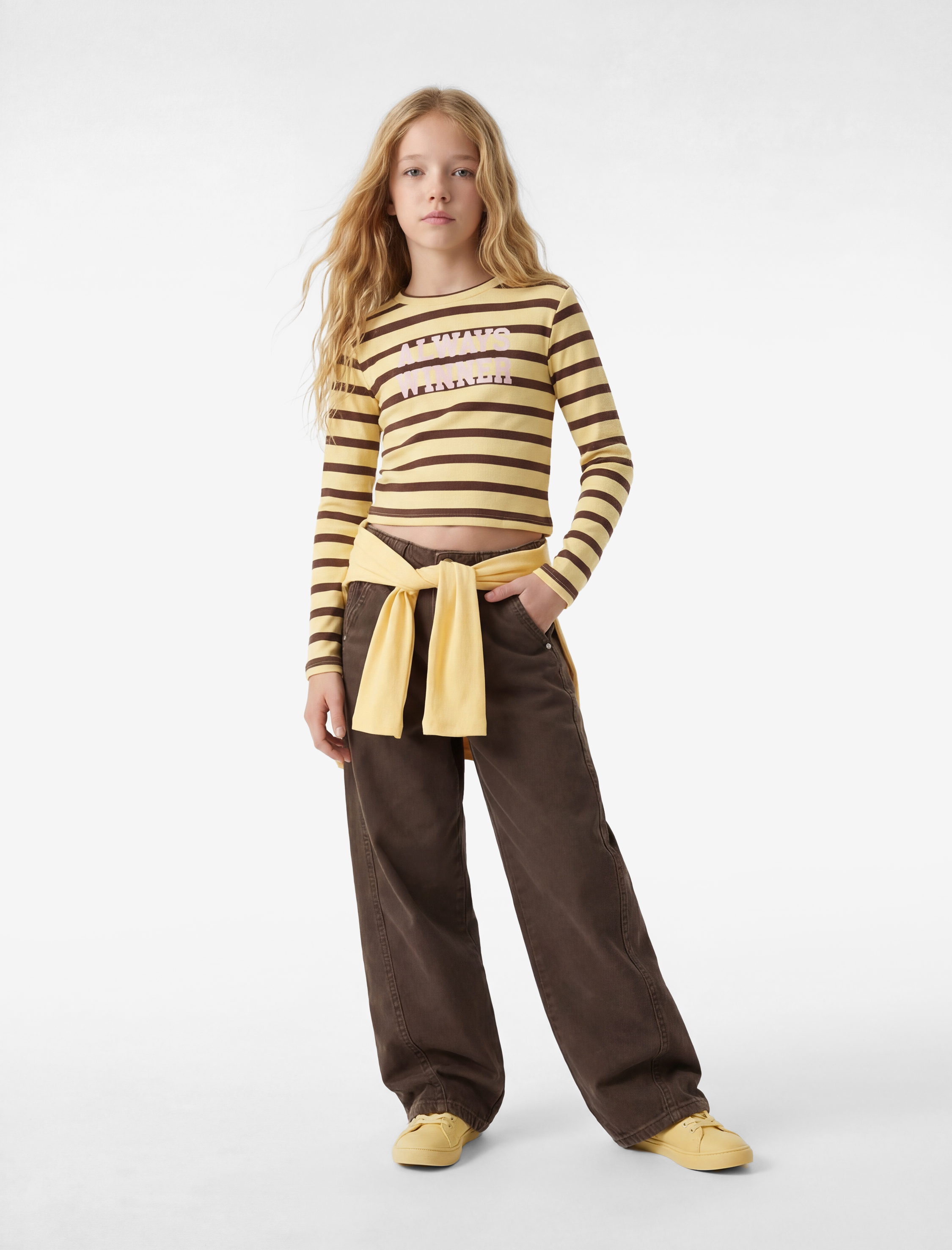  Kız Çocuk Uzun Kollu Bisiklet Yaka Baskılı Pamuklu Çizgili Tişört