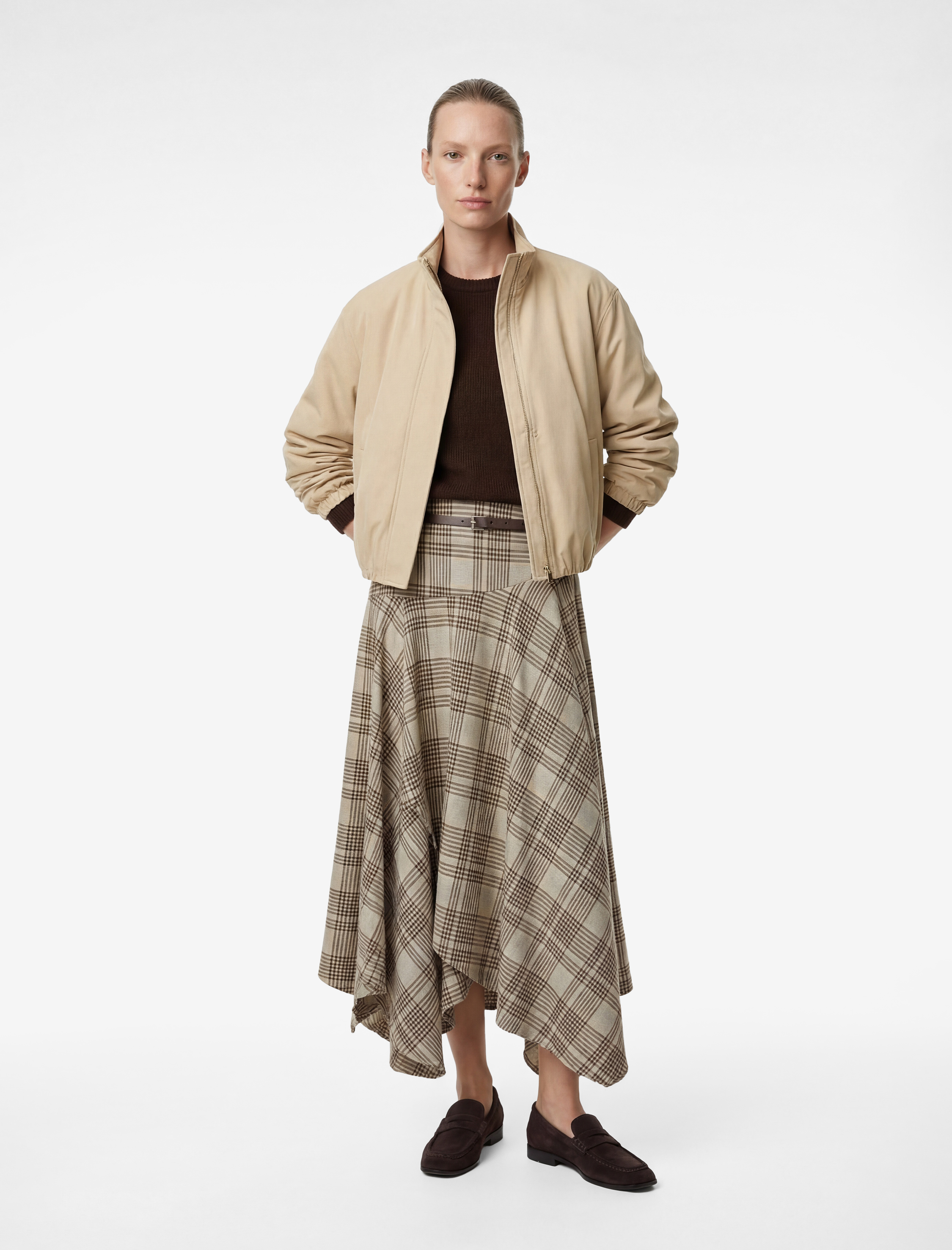   Kemer Detaylı Asimetrik Kesim Ekoseli Midi Etek