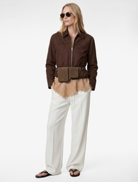 Keten Karışımlı Beli Bağcıklı Cepli Pile Detaylı Düz Paça Kumaş Pantolon