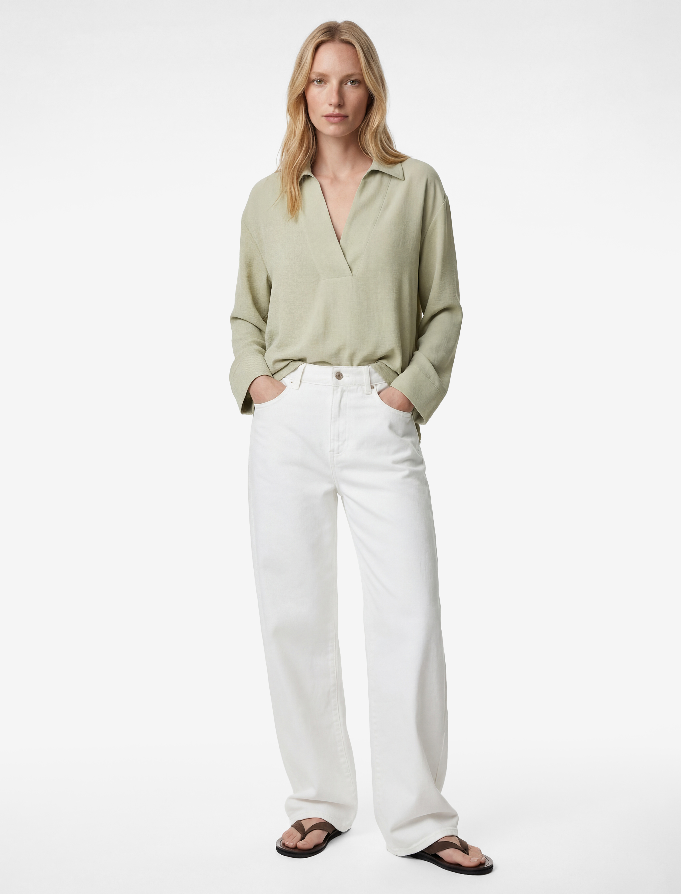   Aerobin Kumaş Uzun Kollu V Gömlek Yaka Bluz