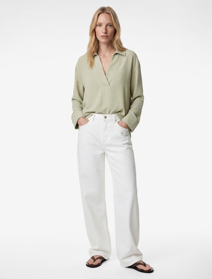  Aerobin Kumaş Uzun Kollu V Gömlek Yaka Bluz