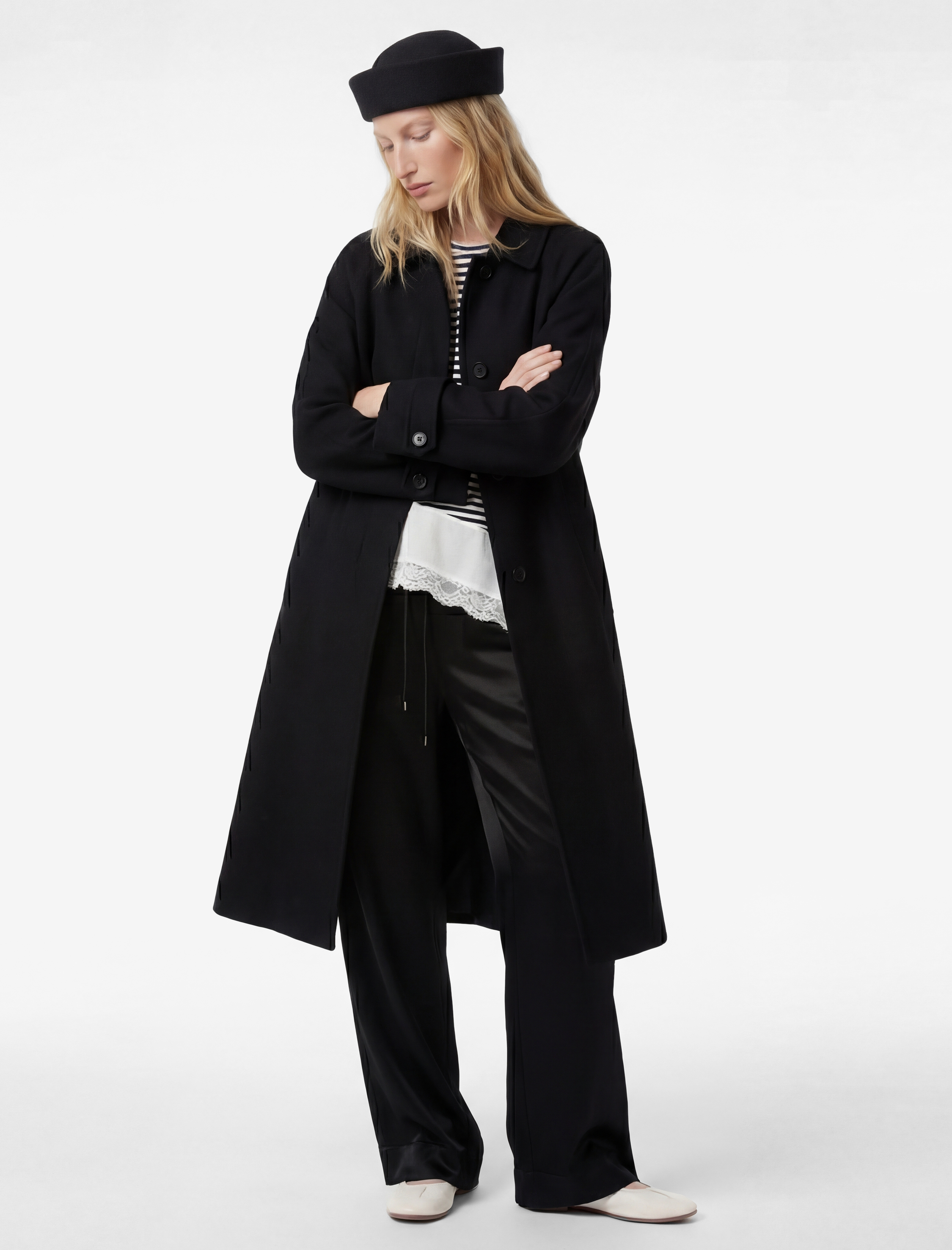   Uzun Kollu Cepli Düğmeli Kemerli Uzun Kaşe Kaban