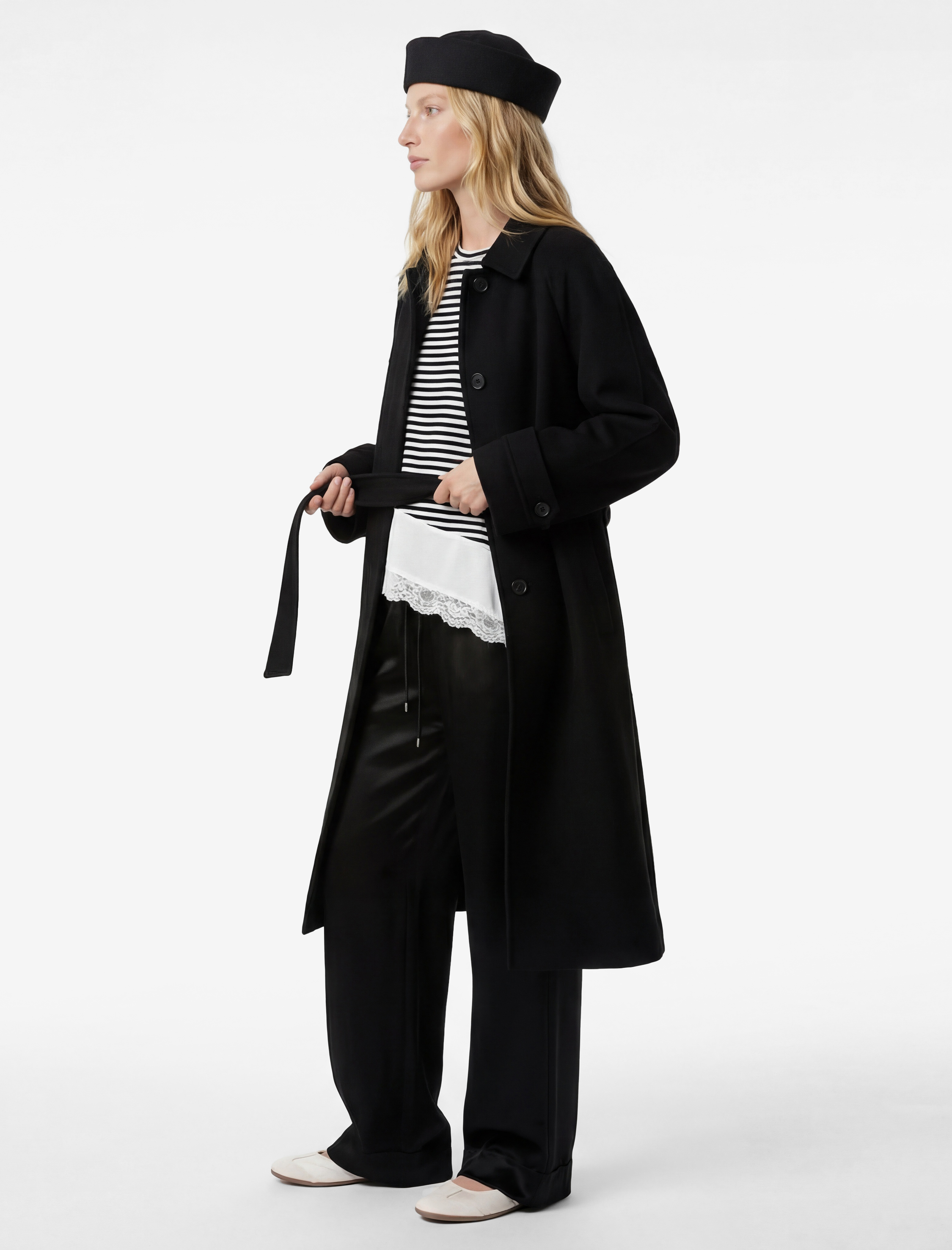   Uzun Kollu Cepli Düğmeli Kemerli Uzun Kaşe Kaban